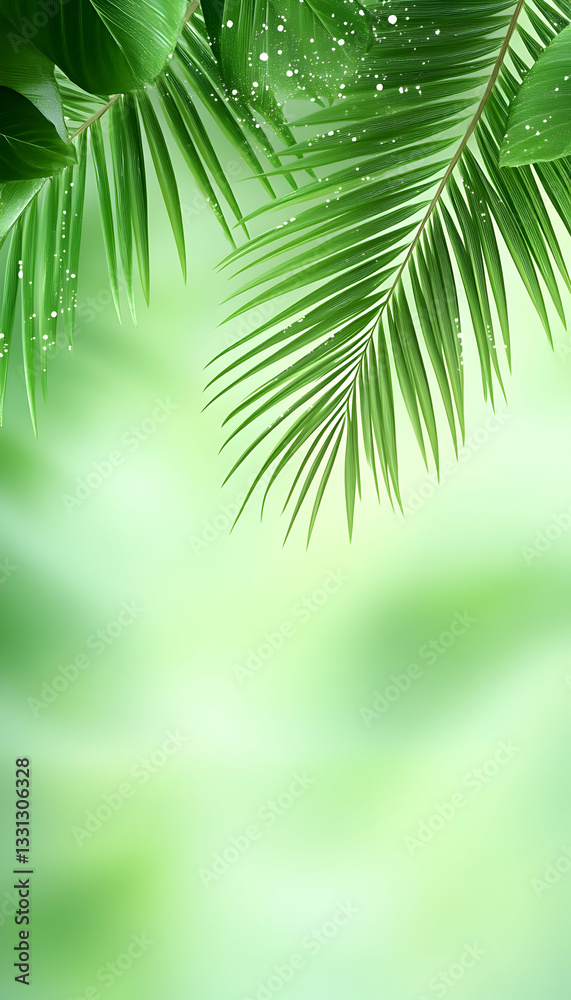 Fototapeta premium Lush green palm fronds with water droplets, blurred background