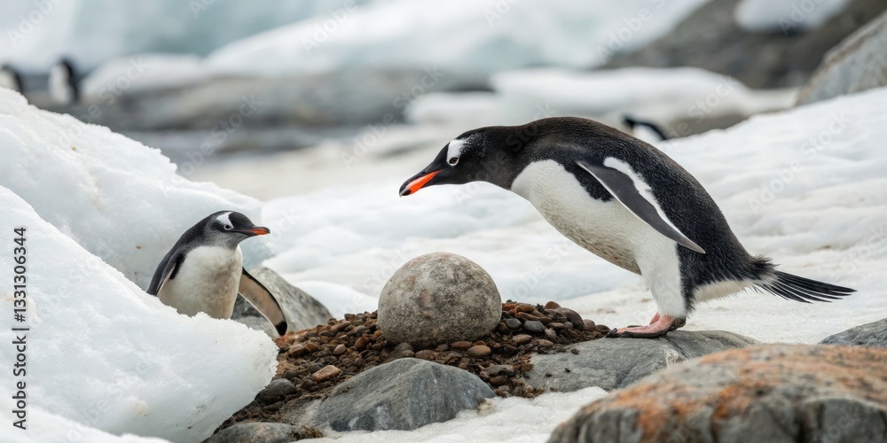 Naklejka premium Penguins stealing stones antarctic icebergs wildlife photography icy environment close-up view nature's behavior