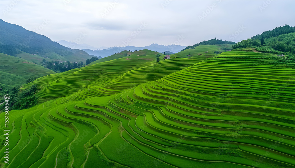 Fototapeta premium Lush green rice terraces cascading down mountain slopes under a cloudy sky (1)