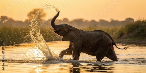 Playful baby elephant splashing in a river at sunset nature scene wildlife photography tranquil environment close-up view joyful concept