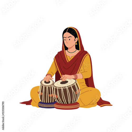 Woman playing traditional drums in colorful attire, flat vector illustration