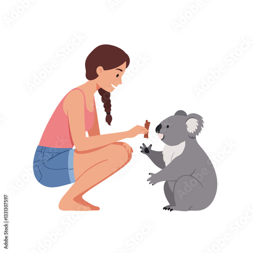 Young woman interacting with a friendly koala in flat vector art