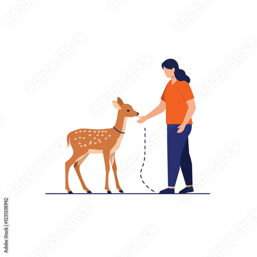 Person interacting with a deer in a flat minimal vector illustration