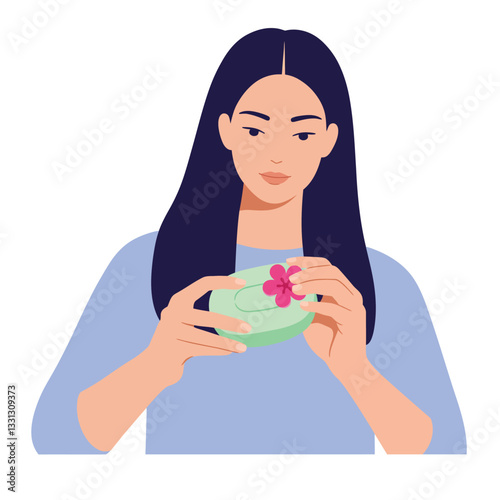 Woman holding a green bowl with a flower in flat vector art style