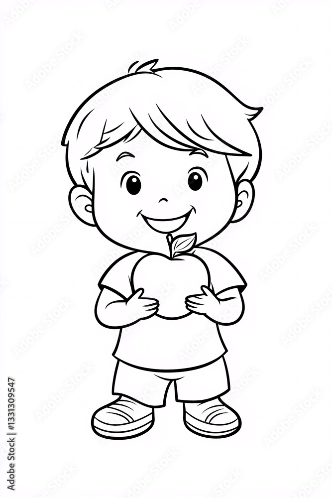 Black-and-white coloring book page of a child eating an apple with clean lines, ideal to introduce healthy food Black-and-white coloring book page of a child eating an apple with clean lines, ideal to introduce healthy food