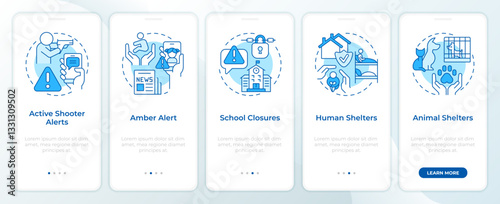 Public safety blue onboarding mobile app screen. Emergency. Walkthrough 5 steps editable graphic instructions with linear concepts. UI, UX, GUI template. Montserrat SemiBold, Regular fonts used