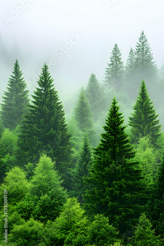 Misty evergreen forest, lush green trees in fog