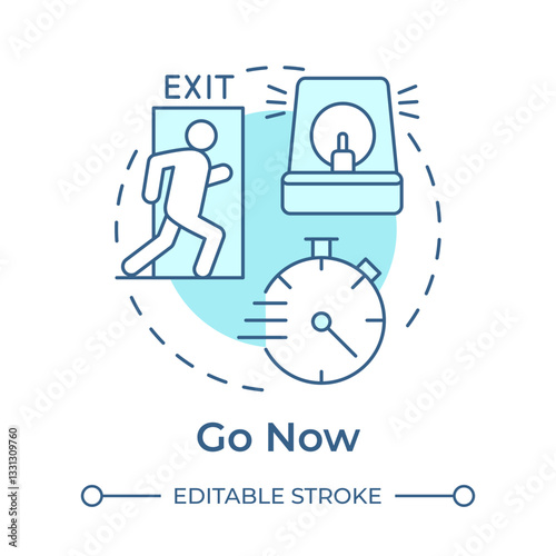 Go now soft blue concept icon. Command to leave immediately. Evacuation level. Emergency response. Round shape line illustration. Abstract idea. Graphic design. Easy to use in application