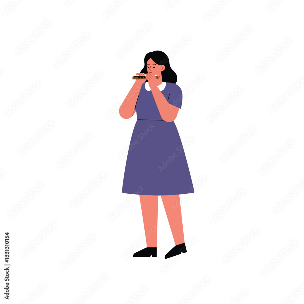 Woman playing harmonica in vibrant flat design style vector art Woman playing harmonica in vibrant flat design style vector art