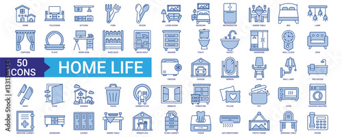 Home life icon collection set. Containing bedroom, kitchen, living room, bathroom, toilet, chair, wardrobe, sofa, television and lamp icon. Simple blue vector.