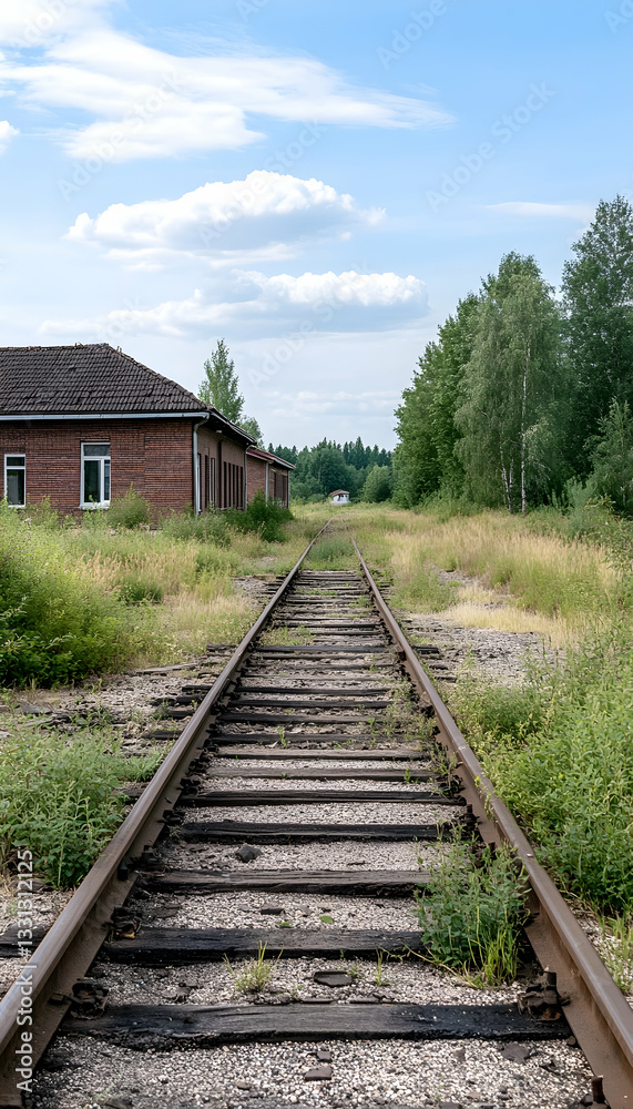 Overgrown railway tracks receding to distant buildings under a partly cloudy sky Overgrown railway tracks receding to distant buildings under a partly cloudy sky