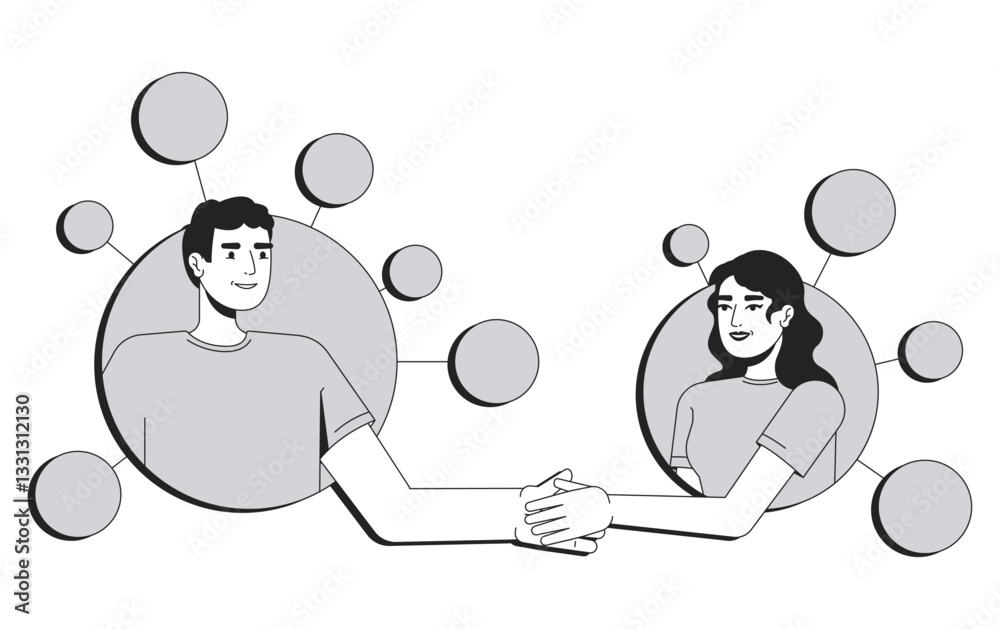 Coworkers line conceptual illustration. Communication, relationships. Couple, together. Man and woman shaking hands in network nodes 2D outline characters isolated. Linear drawing grayscale vector Coworkers line conceptual illustration. Communication, relationships. Couple, together. Man and woman shaking hands in network nodes 2D outline characters isolated. Linear drawing grayscale vector