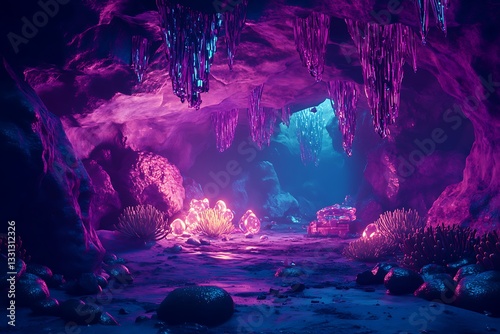 Lit cave with glowing crystals and stalactites, creating a mysterious, fantasy background