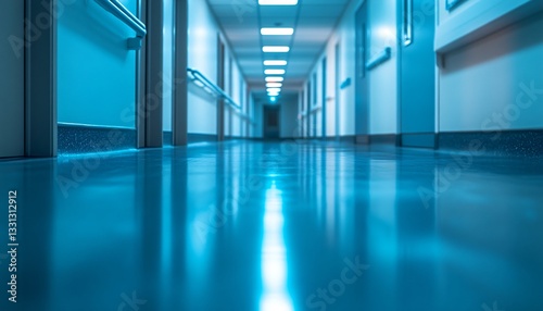 Long and Serene Hospital Corridor with Soft Blue Lighting and Polished Floor Panels