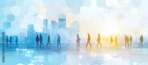 A group of people walking on a city street with a blue sky in the background