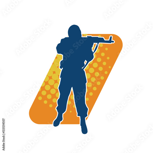 Silhouette of a male soldier carrying machine gun weapon. Silhouette of a sniper shooter in action.