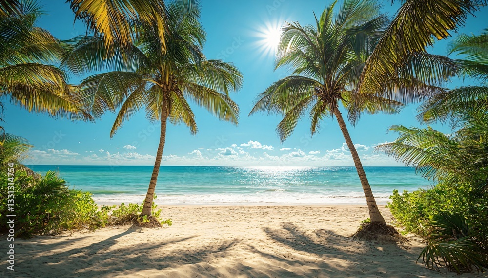 Serene Tropical Beach Scene with Sunlight and Palm Trees under Clear Blue Sky Serene Tropical Beach Scene with Sunlight and Palm Trees under Clear Blue Sky