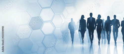 A group of people are walking in a business setting