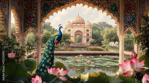 A detailed pichwai art-inspired design featuring a Mughal garden with graceful peacocks, lotus flowers floating on a pond, and an intricate arch frame. The scene is rich with vibrant colors