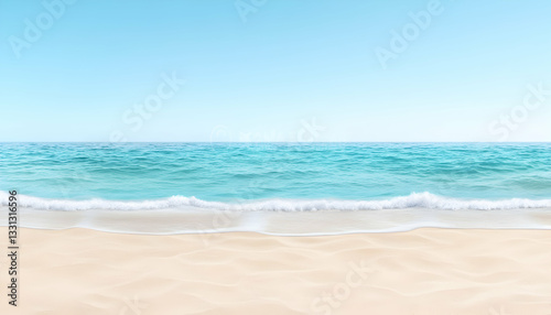 Serene beach scene  Turquoise ocean waves gently lapping sandy shore under a clear blue sky