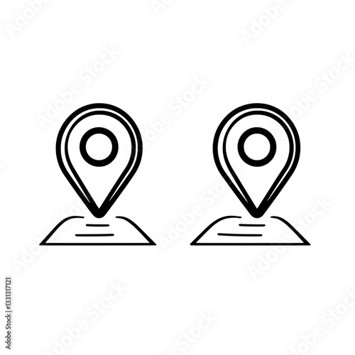 A set of black and white map location pins with different indicators, representing navigation, GPS tracking, and route planning.