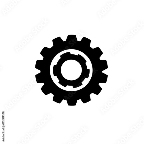 Bold black and white gear symbol icon, representing mechanical engineering, industry, automation, and technology