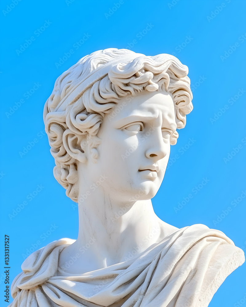 Obraz premium Serene marble bust against vibrant blue sky