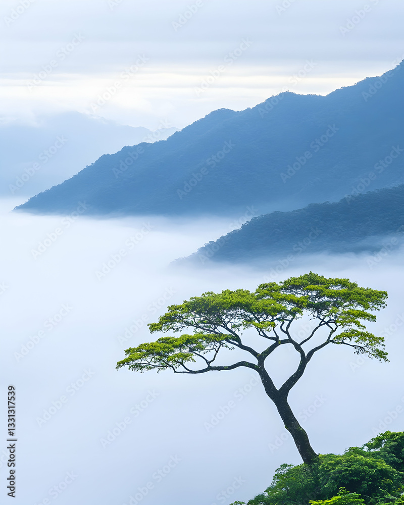 Serene mist-shrouded mountain landscape with solitary tree Serene mist-shrouded mountain landscape with solitary tree