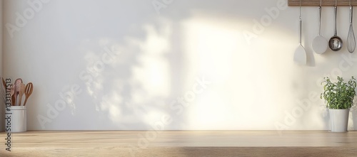 A kitchen counter with a white wall and a potted plant