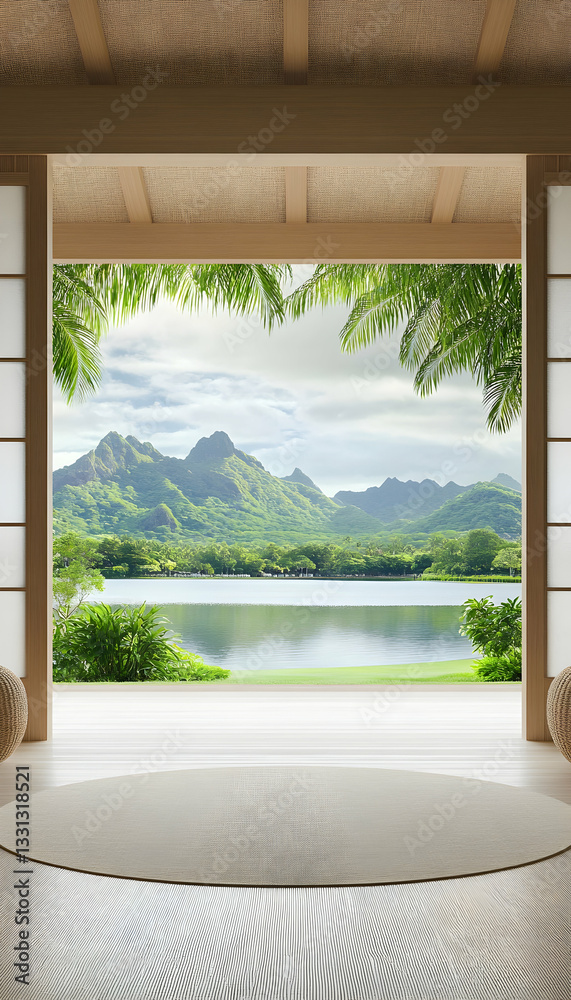 Serene room with sliding doors opening to a tranquil lake and mountain view Serene room with sliding doors opening to a tranquil lake and mountain view