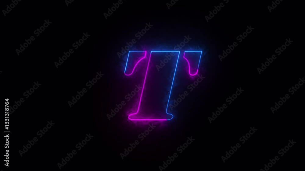 Letters of English alphabet on black background. Bright teal glass letter T in a 3D illustration with a glowing blue and Purple  color and smooth glassy surface highlights in a libertine font on black