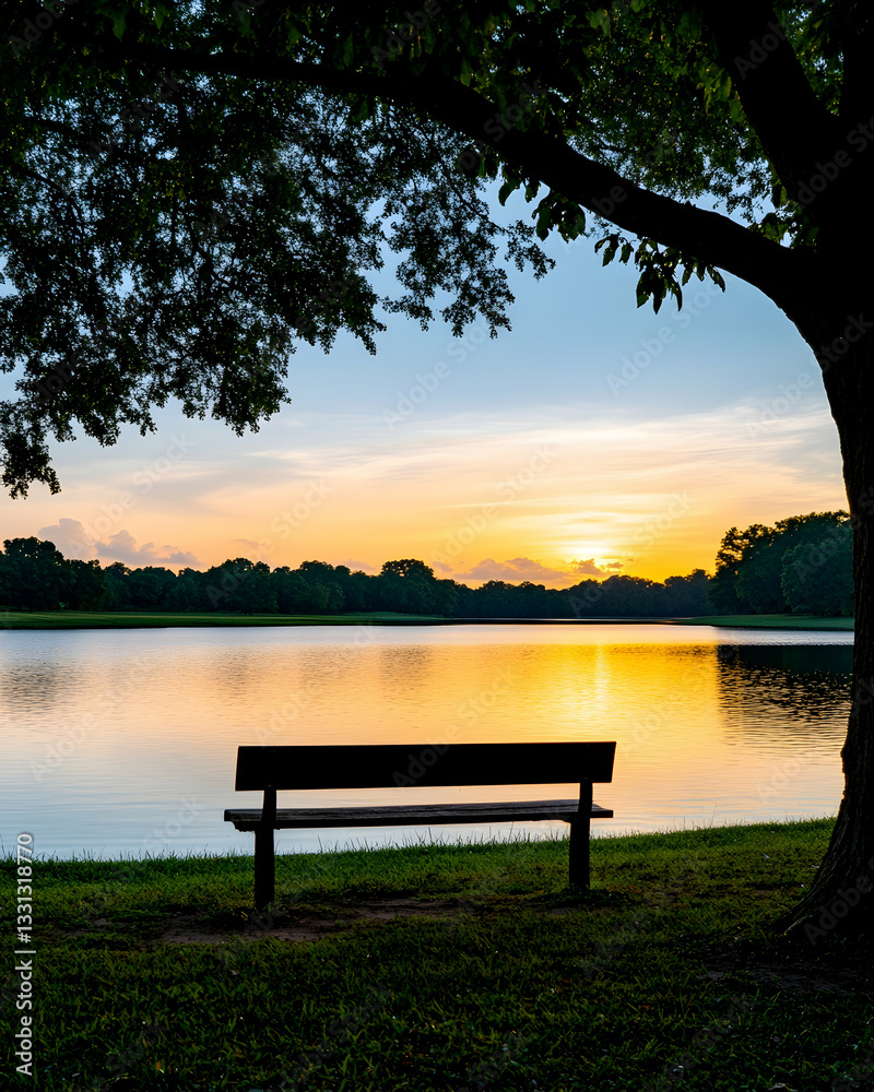 Serene sunrise over calm lake, park bench under tree Serene sunrise over calm lake, park bench under tree