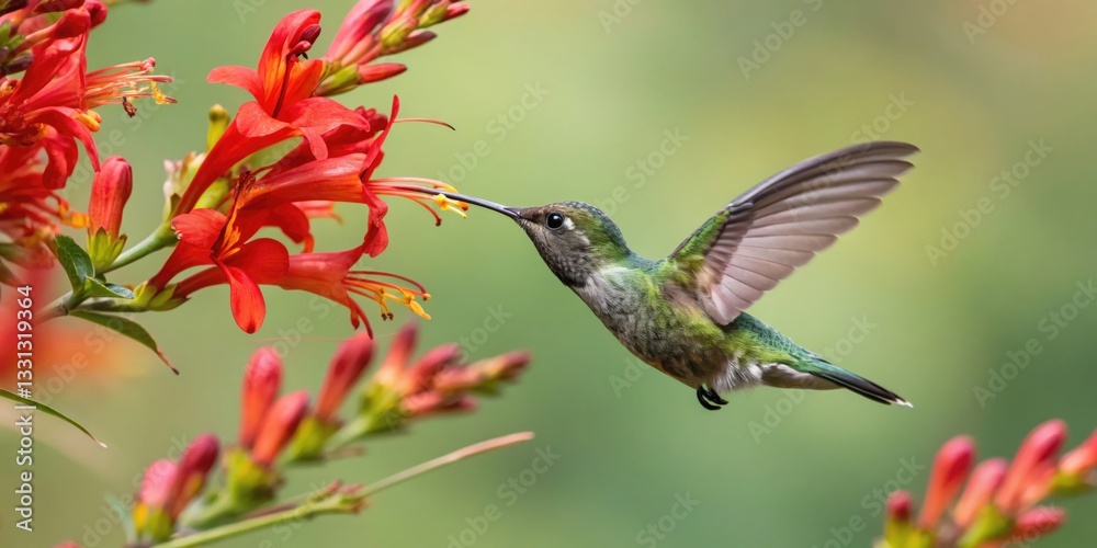 Fototapeta premium A tiny hummingbird hovering near a bright red flower tropical garden wildlife photography natural setting close-up view nature's vibrant beauty