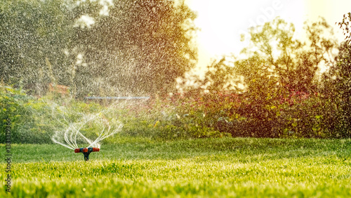 Photos Automatic watering of the lawn in the garden on a sunny day