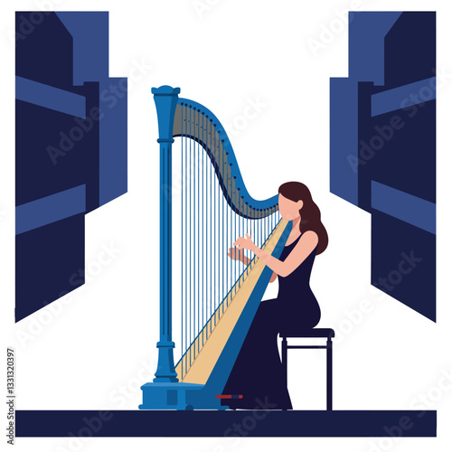 Elegant woman playing harp in minimal flat design vector illustration