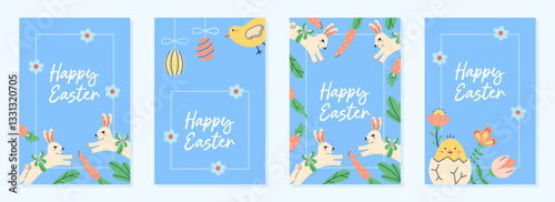 Cute posters collection With Bunnies and chicken for Happy Easter holiday. Design with flowers, carrots and text on blue background. Happy Easter hand drawn card. Flat illustration with partial