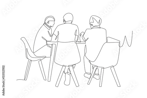 Elderly people chatting at the dining table in a nursing home. Older adults in nursing homes concept one-line drawing