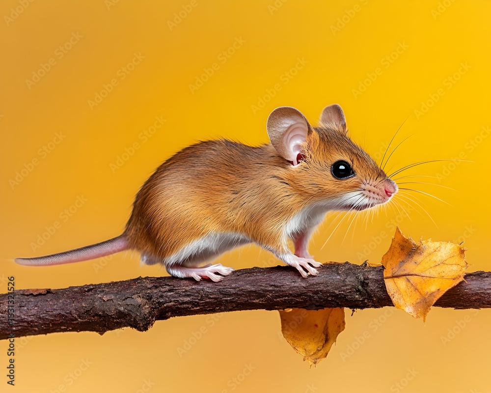 Small brown mouse perched on a branch with autumn leaves against a yellow background