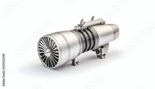 Sleek silver turbofan engine isolated on white