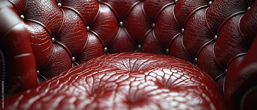 Naklejka premium A luxurious red leather Chesterfield armchair with deep button tufting, featuring the seat and backrest from a low angle perspective highlighting the rich texture and craftsmanship. Generative AI.