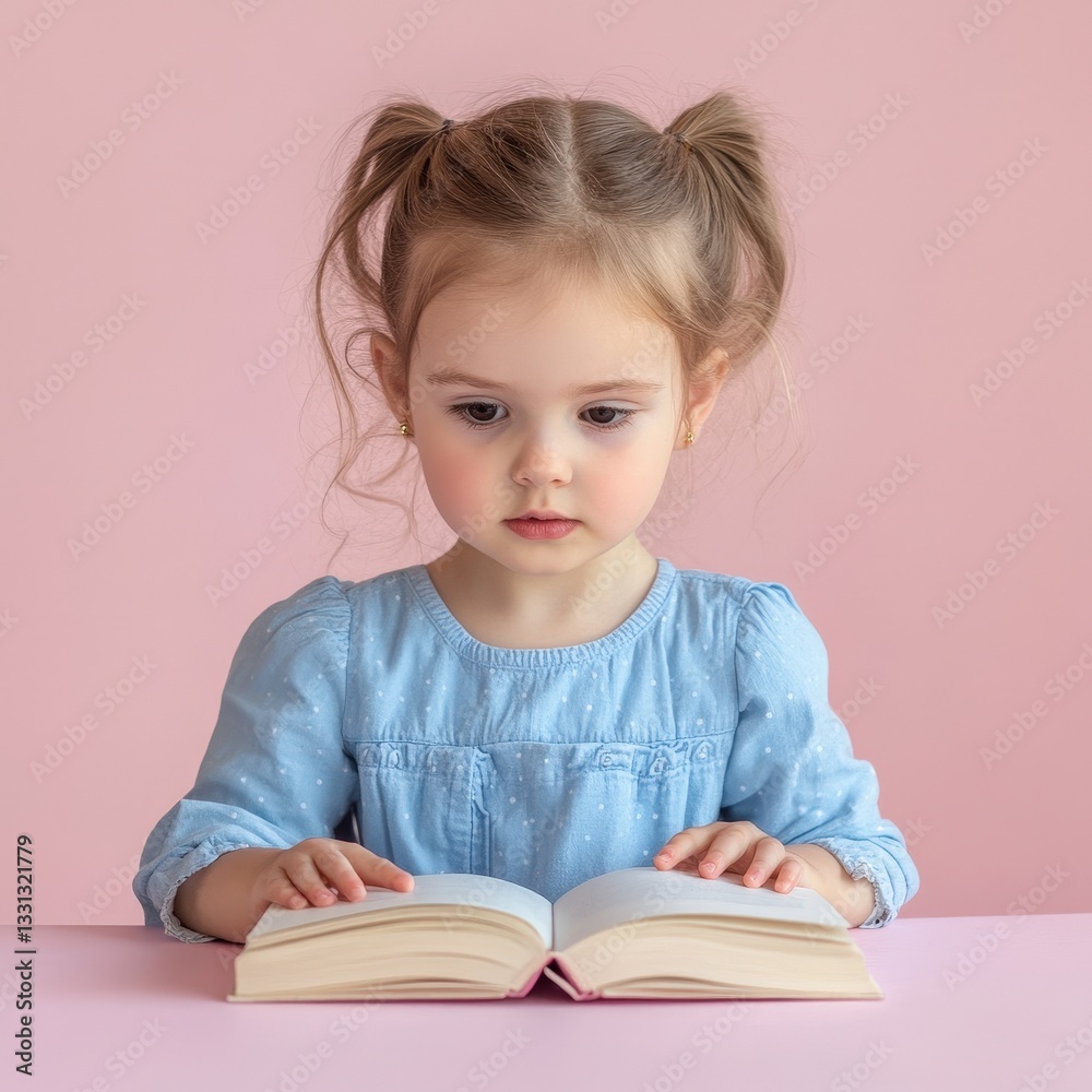 Adorable Toddler Girl in Blue Dress Reading Book Pink Background Child Education Adorable Toddler Girl in Blue Dress Reading Book Pink Background Child Education