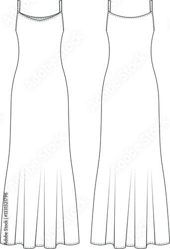 sleeveless strappy strapped shoulder straps square neck flared mermaid a line long maxi dress template technical drawing flat sketch cad mockup fashion woman design style model 
