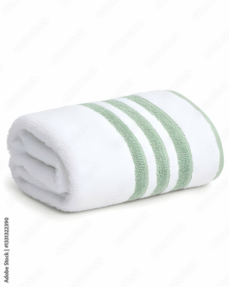 Soft white bath towel with three sage green stripes, neatly folded Soft white bath towel with three sage green stripes, neatly folded