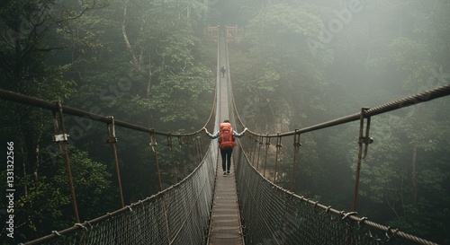 Person with backpack walking on hanging bridge in dense green forest