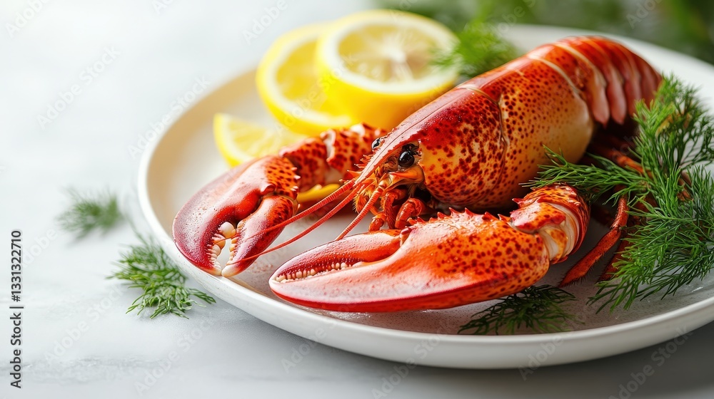 Delicious Cooked Lobster on Plate with Lemon and Dill Garnish Seafood Dish Delicious Cooked Lobster on Plate with Lemon and Dill Garnish Seafood Dish