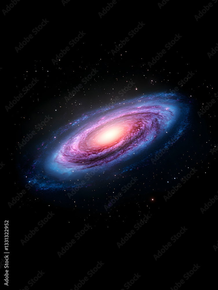 Naklejka premium Spiral galaxy, cosmic swirl, vibrant colors, stellar dust, dark space