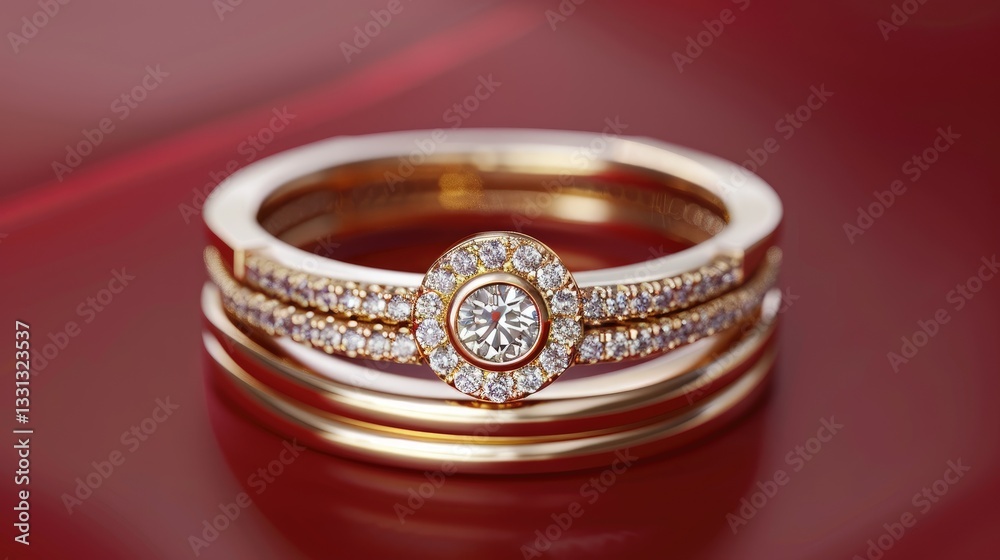 Gold ring with diamonds on red background, product photo
Gold ring with diamonds on red background, product photo