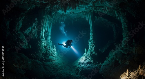 Diver explores underwater cave with flashlight adventure in dark water photo