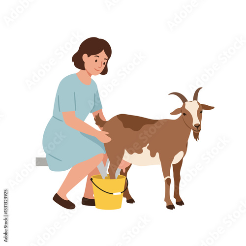 Woman milking a goat in flat, minimal vector illustration style showcasing farm life