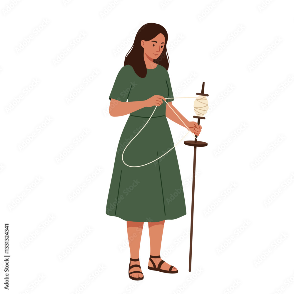 Woman in green dress spinning yarn with drop spindle in flat vector art Woman in green dress spinning yarn with drop spindle in flat vector art